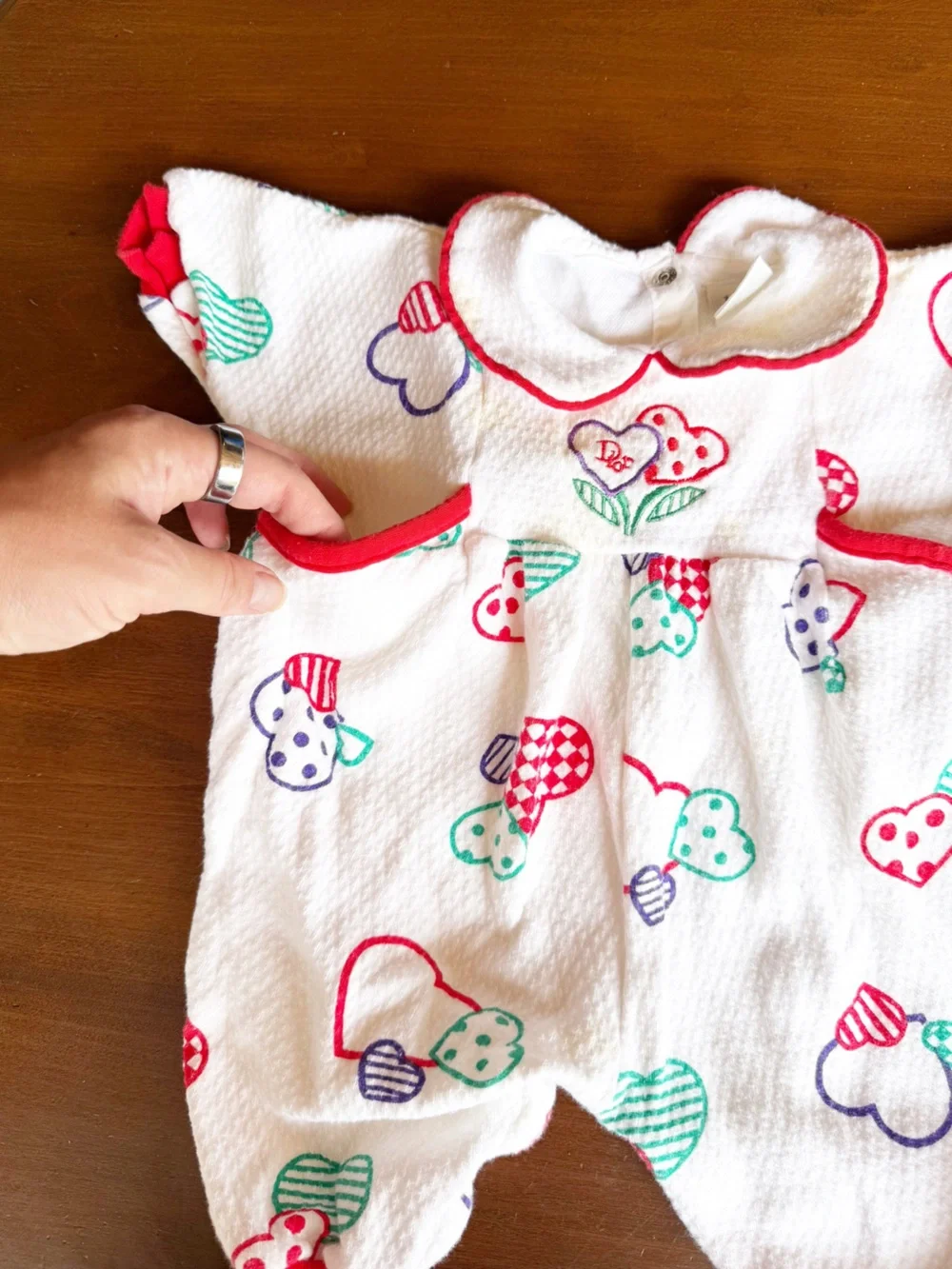 BABY DIOR Vintage 100 Percent Cotton White Baby Bodysuit with Hearts Red Trim